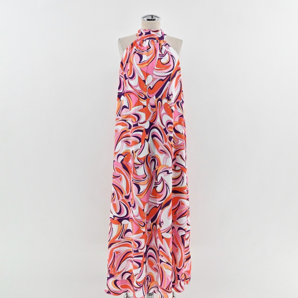 Express Halter Maxi Dress Size‎ M Groovy Dopamine Funky Pink Orange Purple Swirl